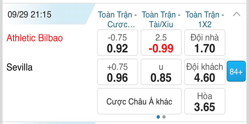 Bảng tỷ lệ minh hoạ cho kèo cược chấp trong bóng đá 